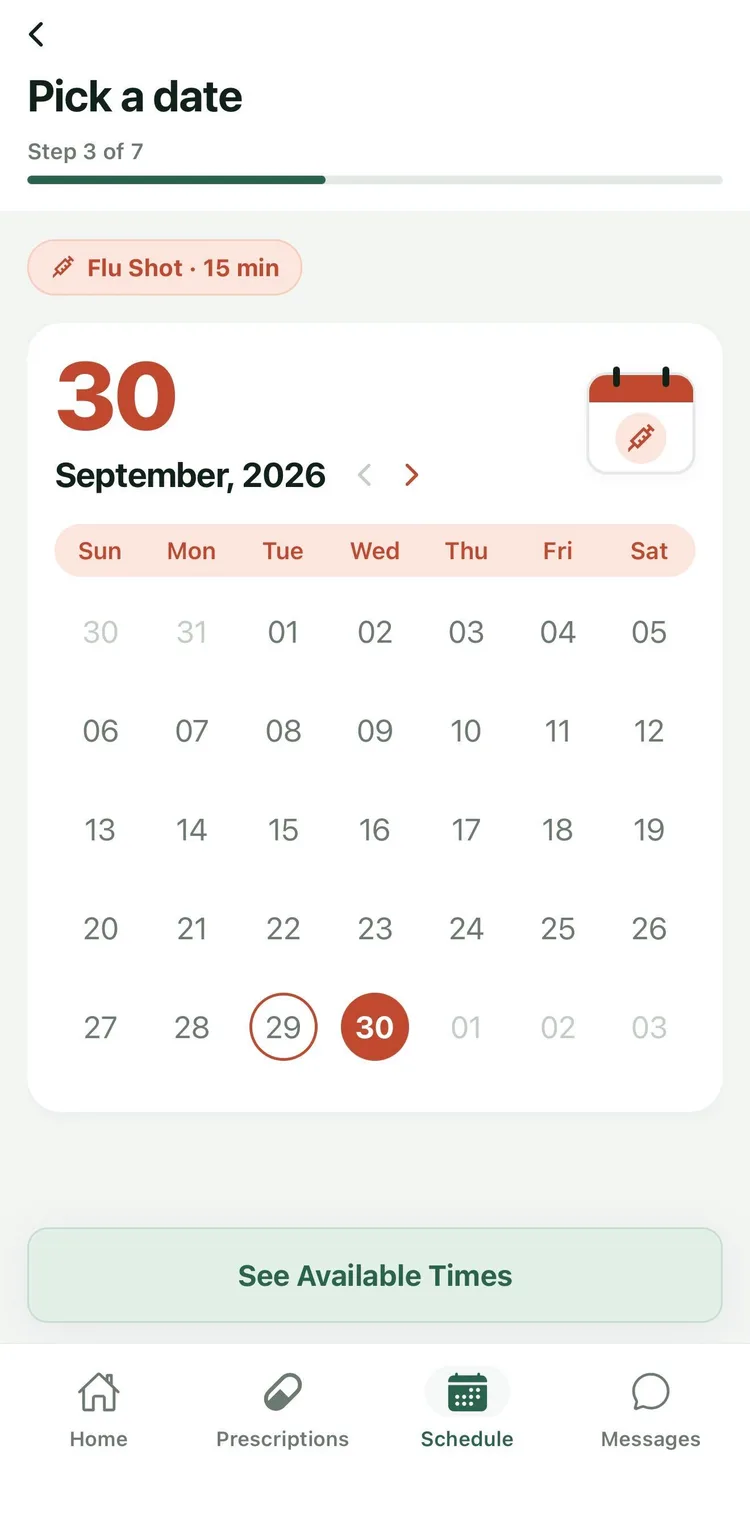 Booking a 15-minute flu shot in BridgeRx: step 3 of 7, picking a date on a calendar.