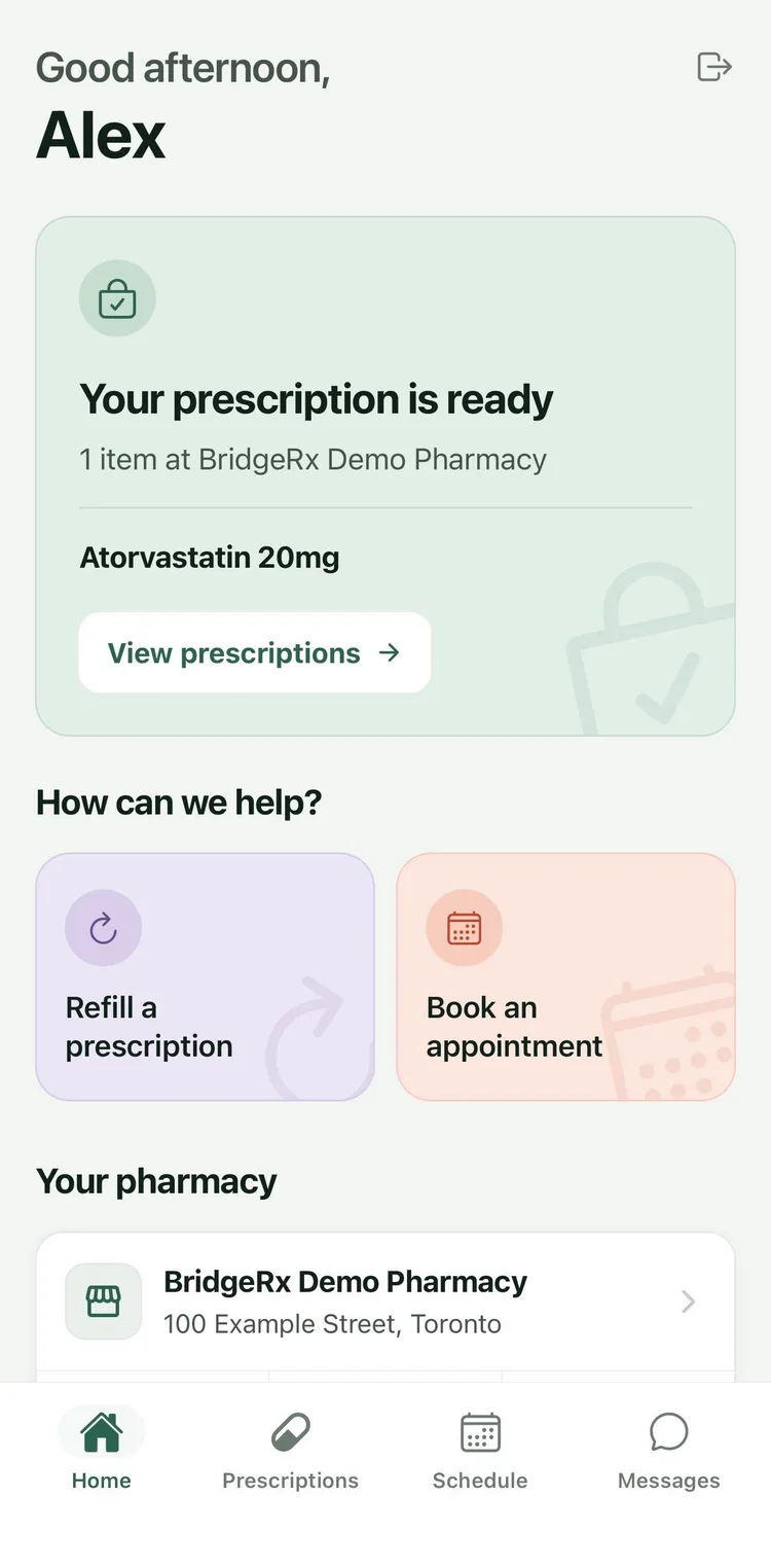BridgeRx home screen: a card saying the patient's prescription is ready, buttons to refill a prescription or book an appointment, and the patient's pharmacy.