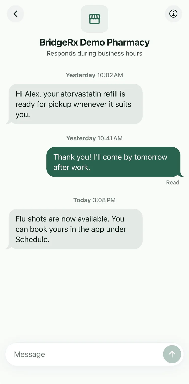 A BridgeRx conversation: the pharmacy says a refill is ready, the patient replies with thanks, and the pharmacy later announces that flu shots are available.