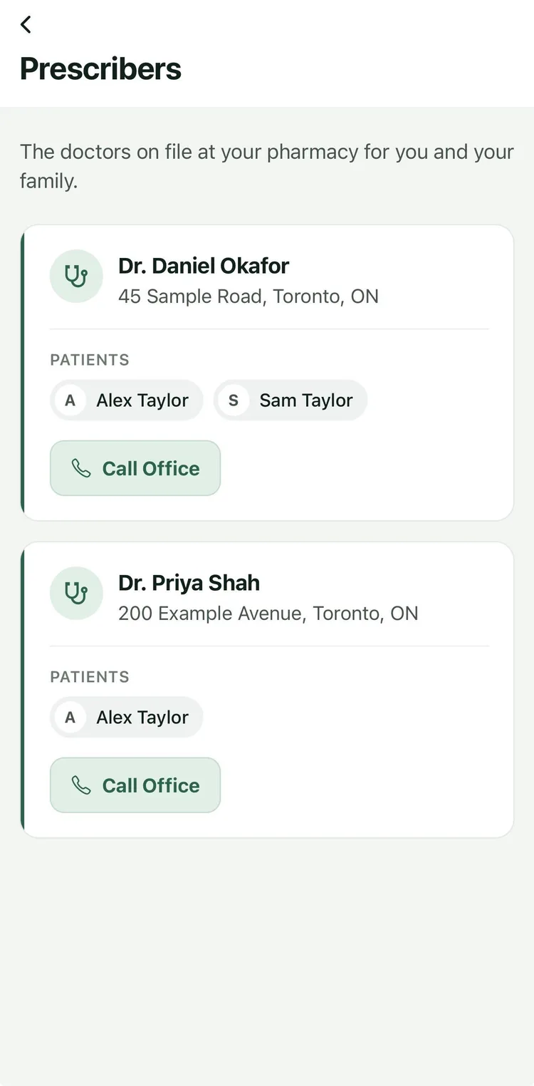 The Prescribers screen in BridgeRx, listing two doctors on file with the family members they treat and a Call Office button for each.