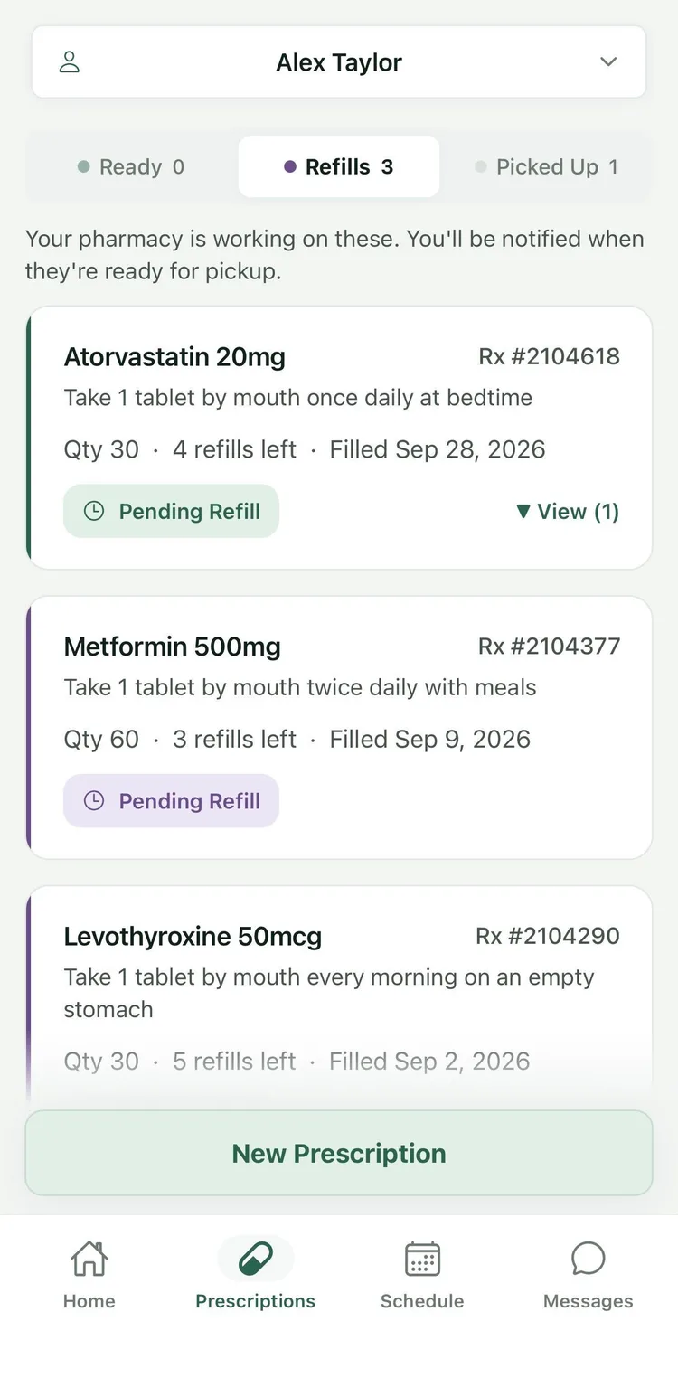 The BridgeRx Prescriptions tab showing three prescriptions with pending refills, and a New Prescription button.