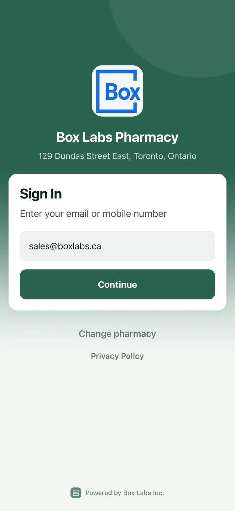 The BridgeRx sign-in screen for Box Labs Pharmacy, with the pharmacy's logo, name and address above the sign-in form.